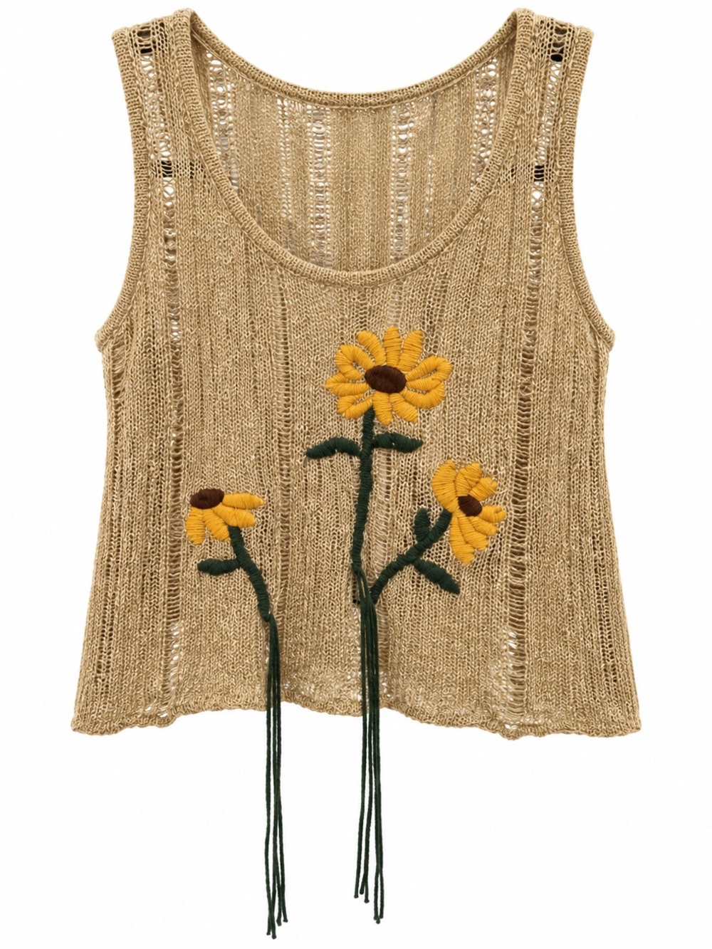 Women's Knit Sunflower Accent Tank Top - Beige